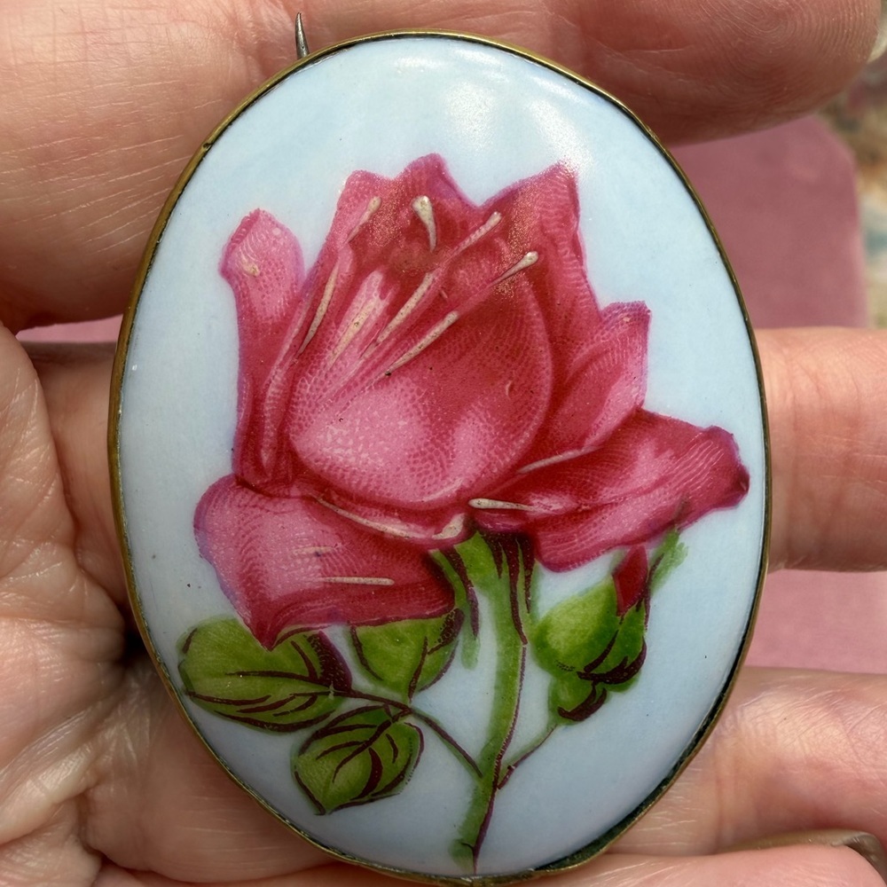 Antique Edwardian Pink Rose Porcelain Brooch #176FF